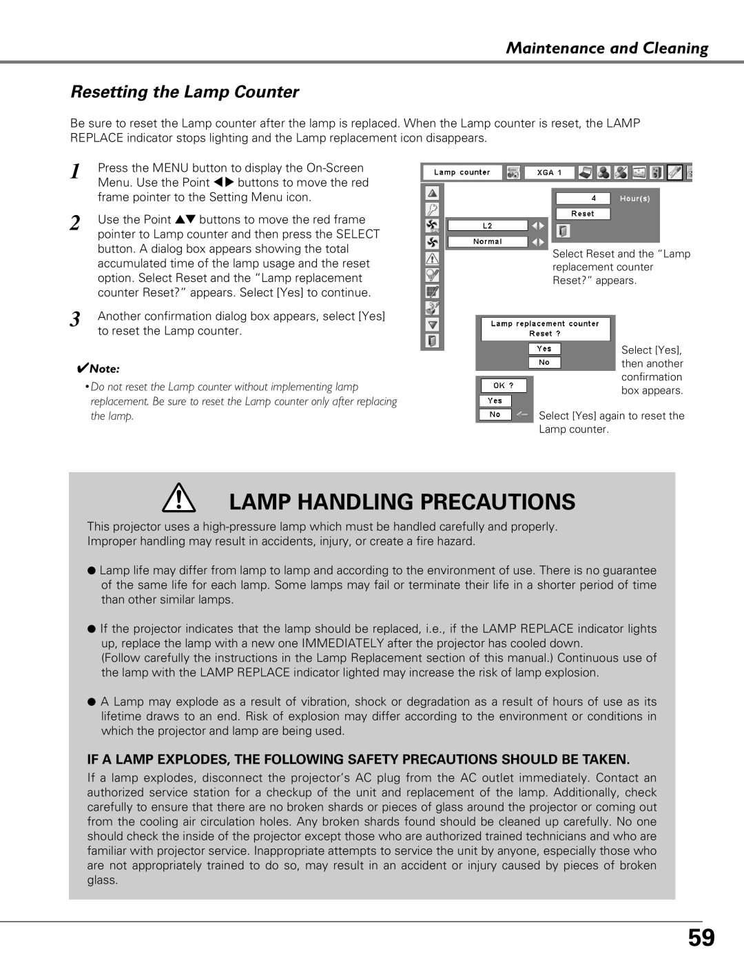 Sanyo PLC-XU84, PLC-XU87 owner manual Maintenance and Cleaning Resetting the Lamp Counter, Lamp Handling Precautions 