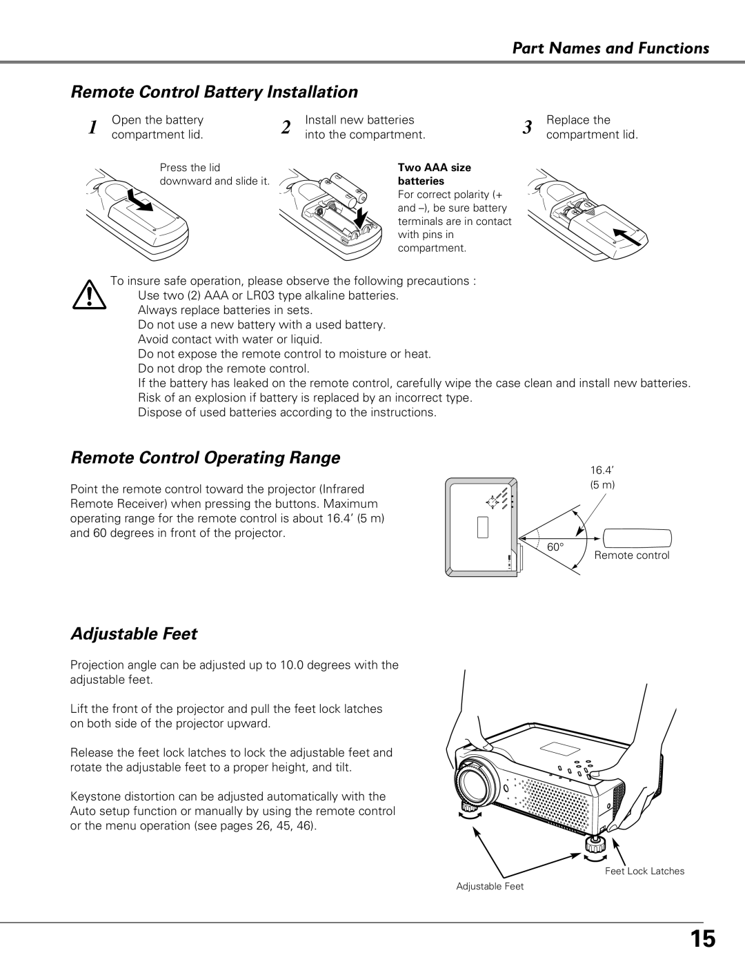 Sanyo PLC-XU84, PLC-XU87 owner manual Remote Control Operating Range, Adjustable Feet 