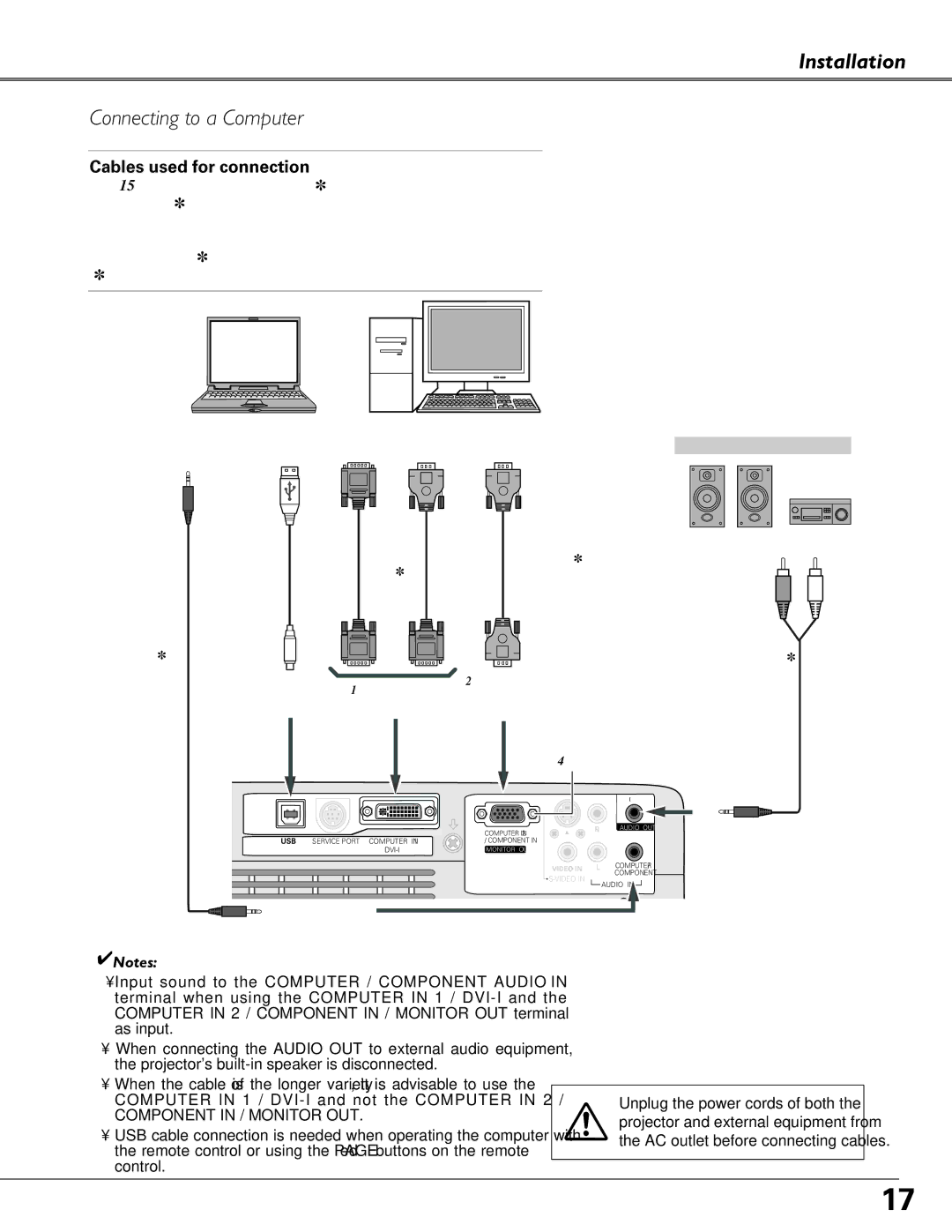 Sanyo PLC-XU84, PLC-XU87 owner manual Installation Connecting to a Computer, Cables used for connection 