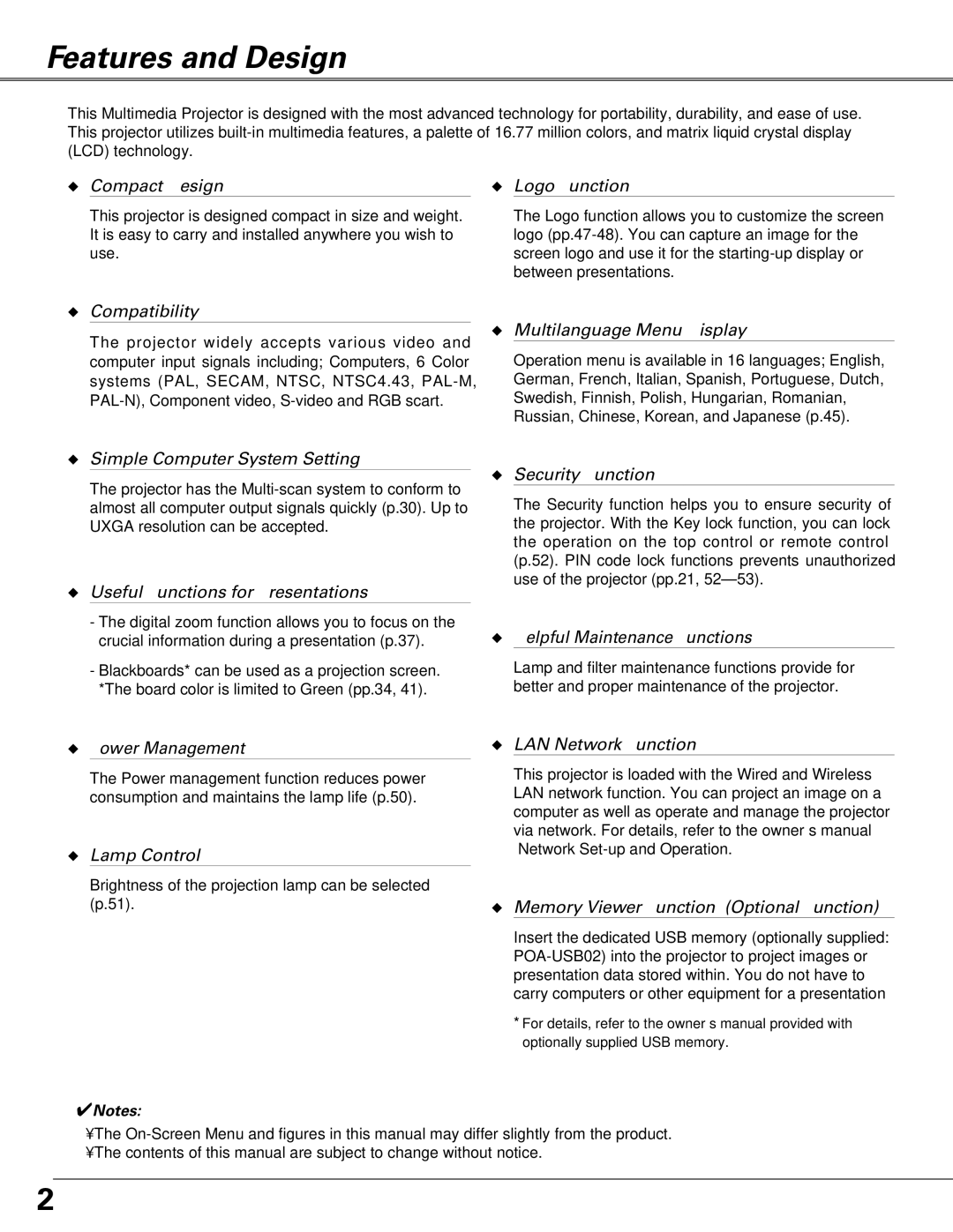 Sanyo PLC-XU87, PLC-XU84 owner manual Features and Design, Compact Design Logo Function 