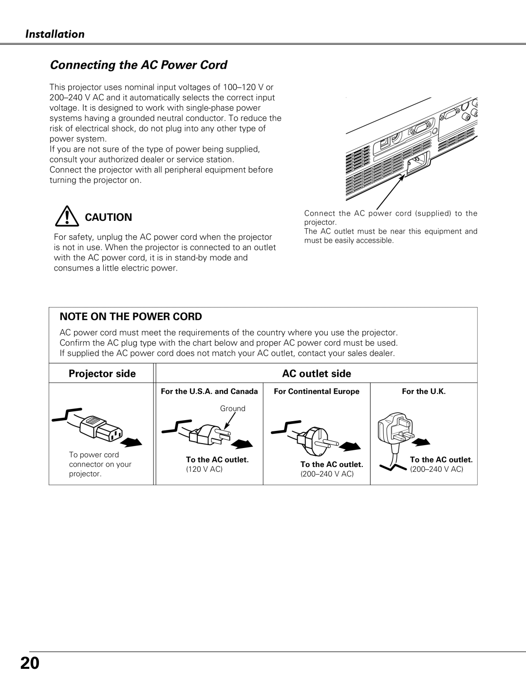 Sanyo PLC-XU87, PLC-XU84 owner manual Installation Connecting the AC Power Cord, Projector side AC outlet side 