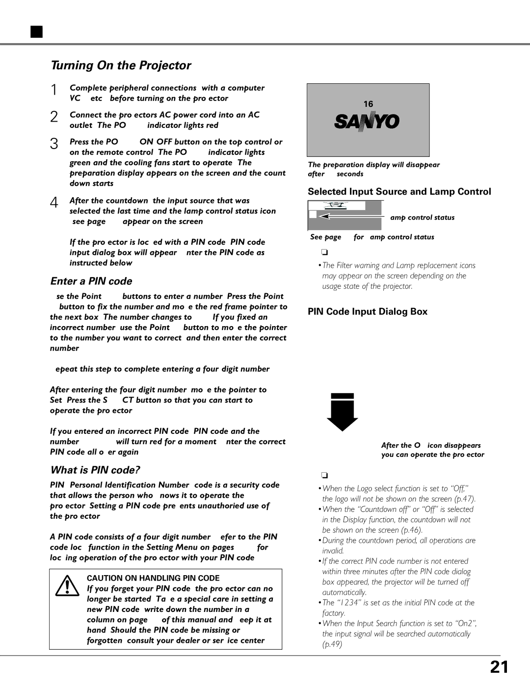 Sanyo PLC-XU84, PLC-XU87 owner manual Basic Operation, Turning On the Projector, Selected Input Source and Lamp Control 