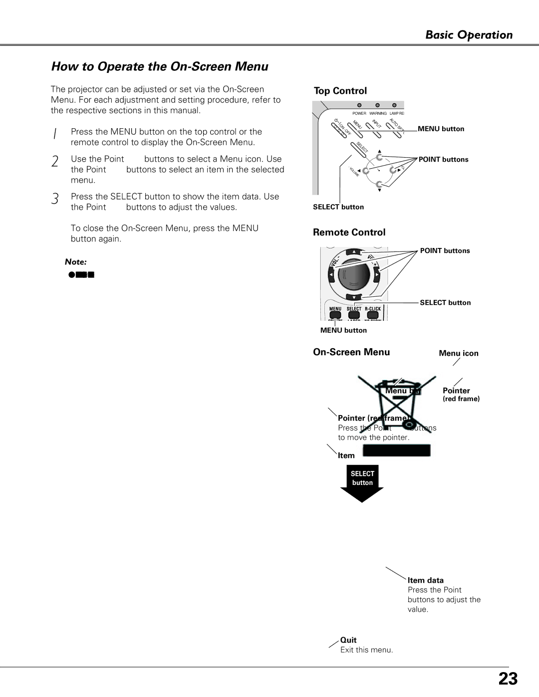 Sanyo PLC-XU84, PLC-XU87 owner manual How to Operate the On-Screen Menu Basic Operation, Top Control, Remote Control 