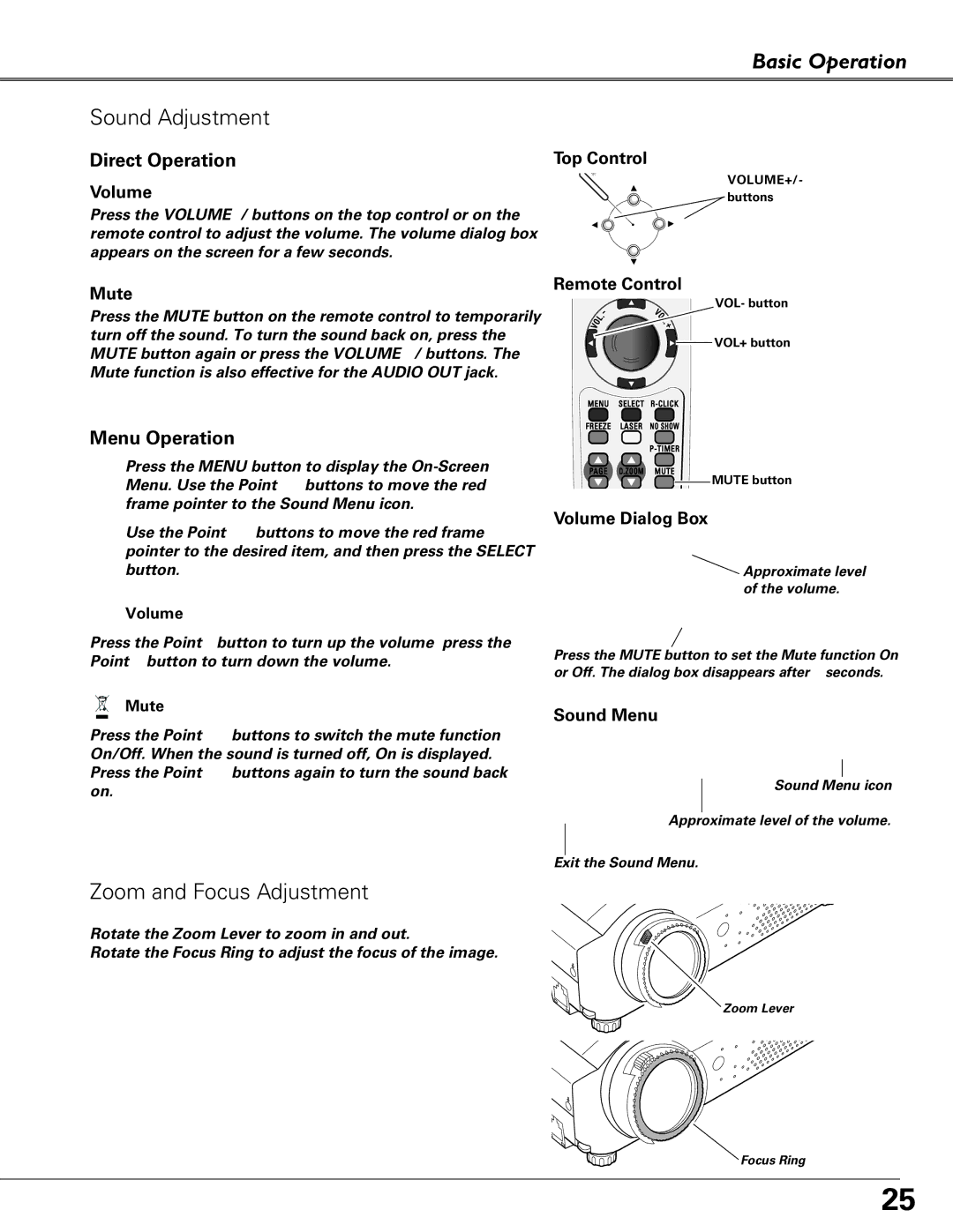 Sanyo PLC-XU84, PLC-XU87 owner manual Sound Adjustment, Zoom and Focus Adjustment 