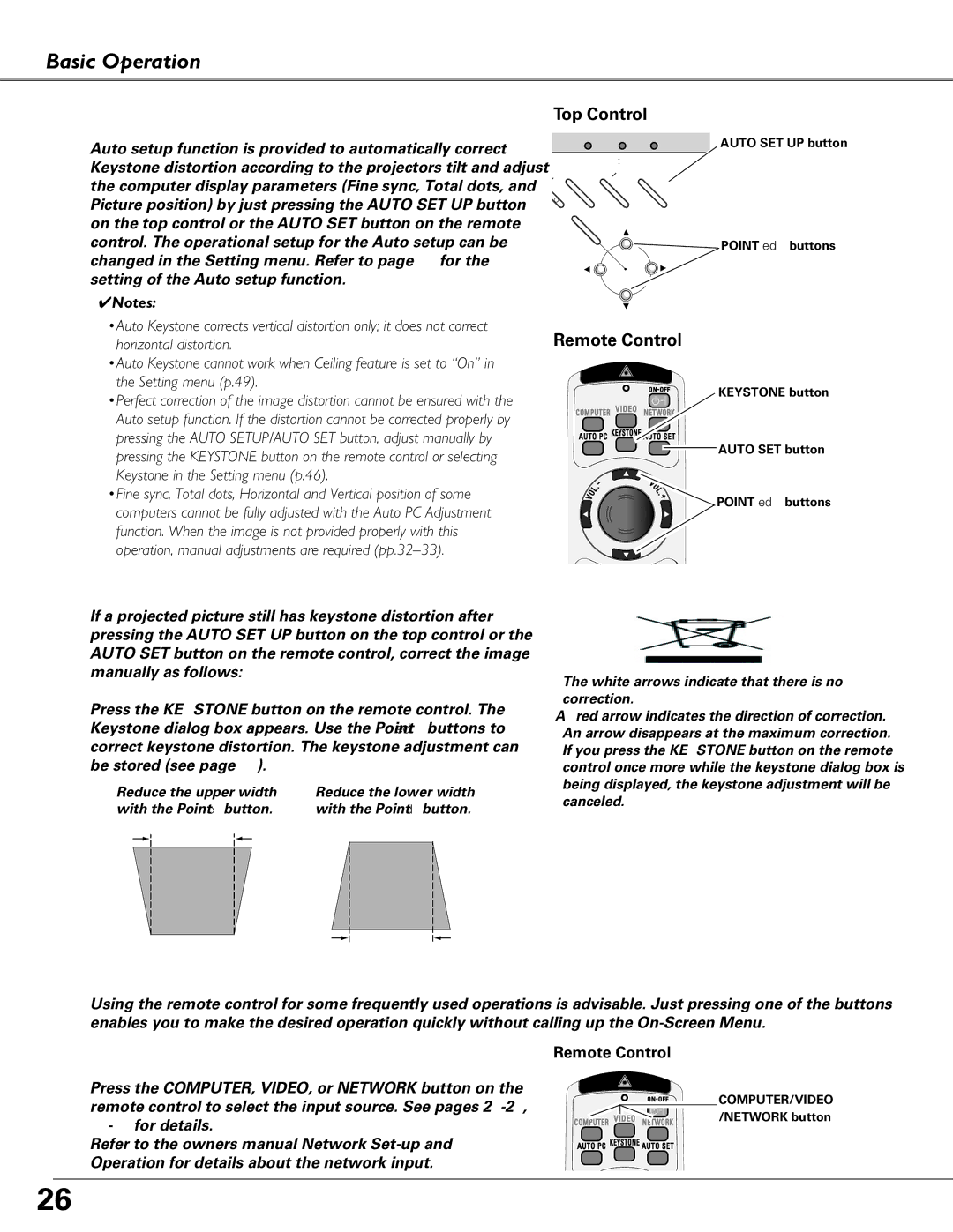 Sanyo PLC-XU87, PLC-XU84 owner manual Basic Operation Auto Setup Function, Keystone Correction, Remote Control Operation 