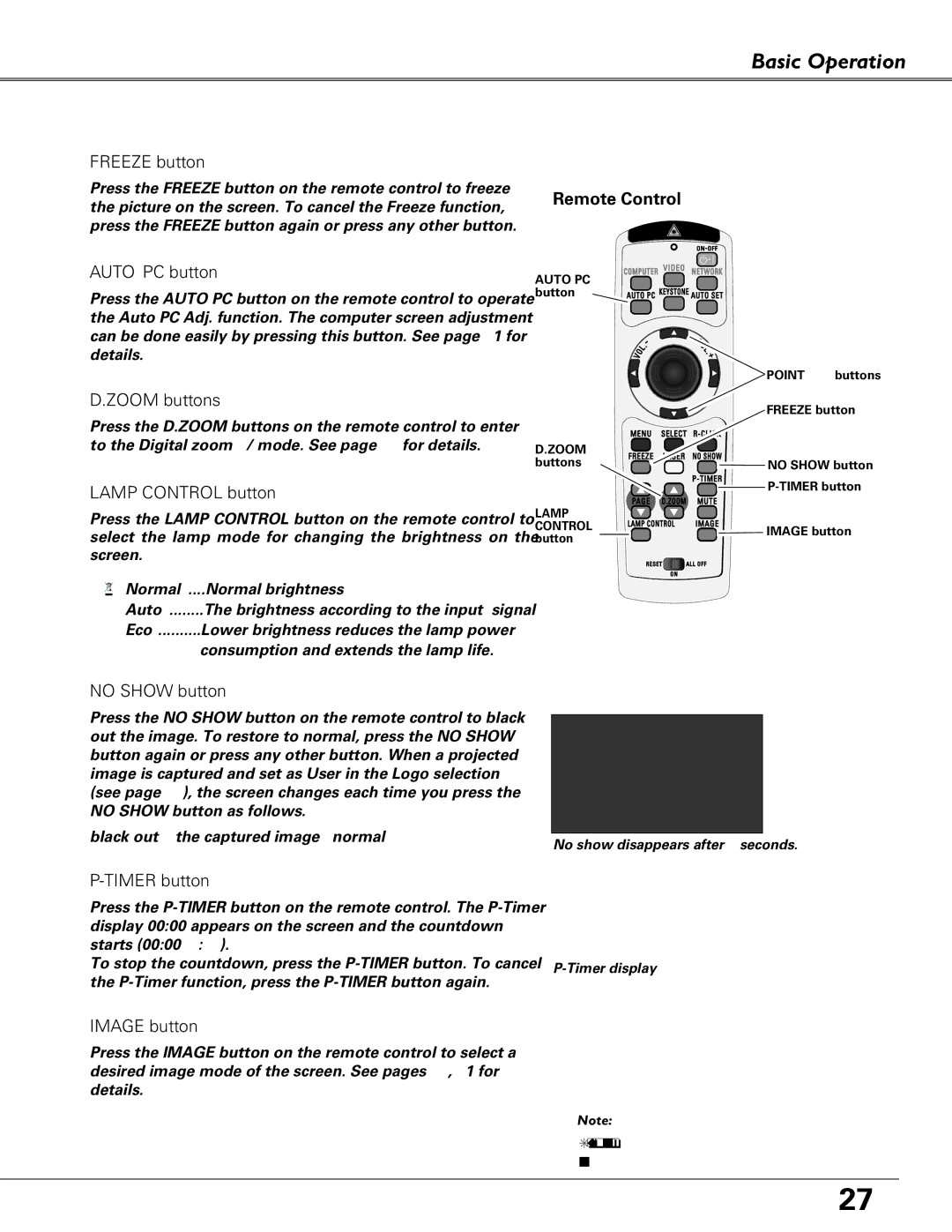 Sanyo PLC-XU84, PLC-XU87 owner manual Freeze button 