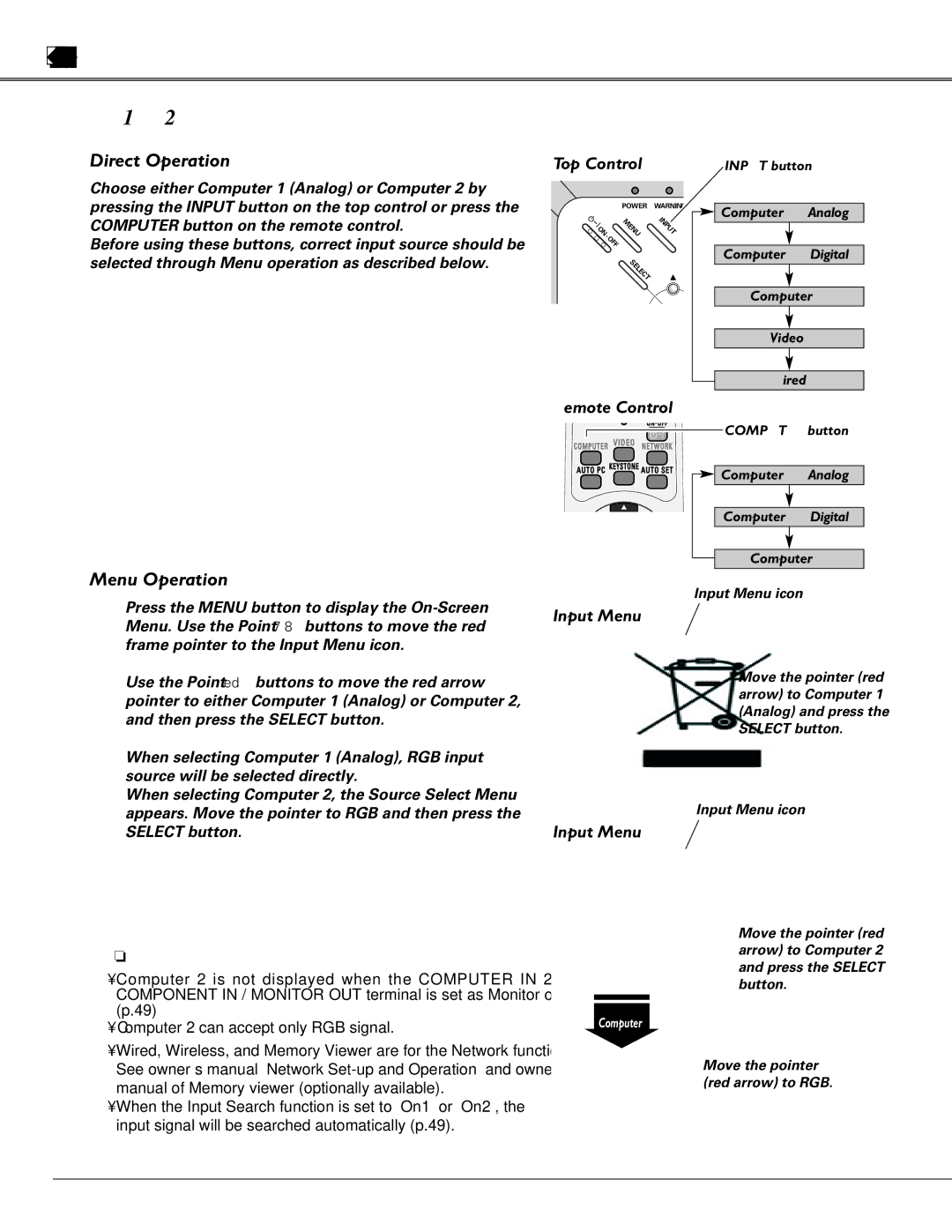 Sanyo PLC-XU87, PLC-XU84 owner manual Computer Input, Input Source Selection RGB Computer 1 Analog/Computer 