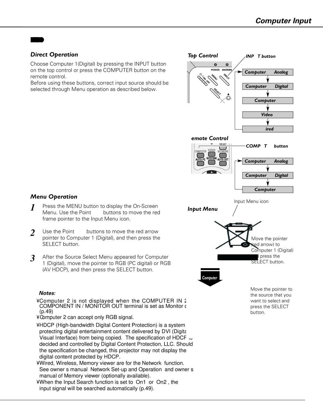 Sanyo PLC-XU84, PLC-XU87 owner manual Pointer to Computer 1 Digital, and then press 