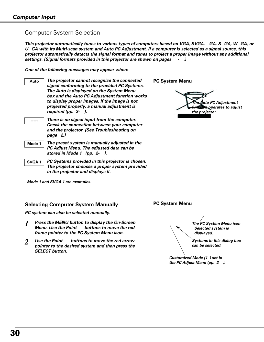 Sanyo PLC-XU87, PLC-XU84 owner manual Computer Input Computer System Selection, PC System Menu 