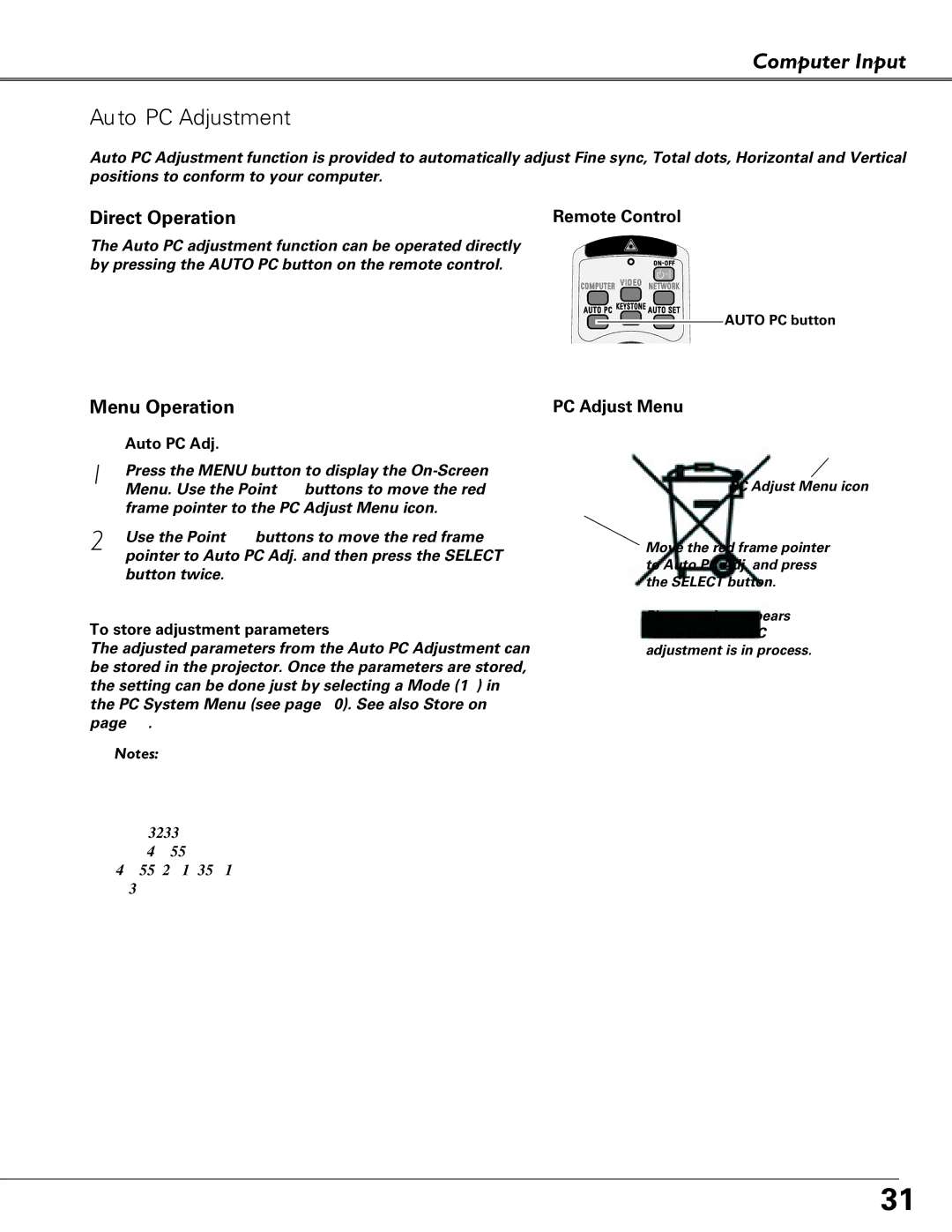 Sanyo PLC-XU84, PLC-XU87 owner manual Computer Input Auto PC Adjustment, PC Adjust Menu, To store adjustment parameters 