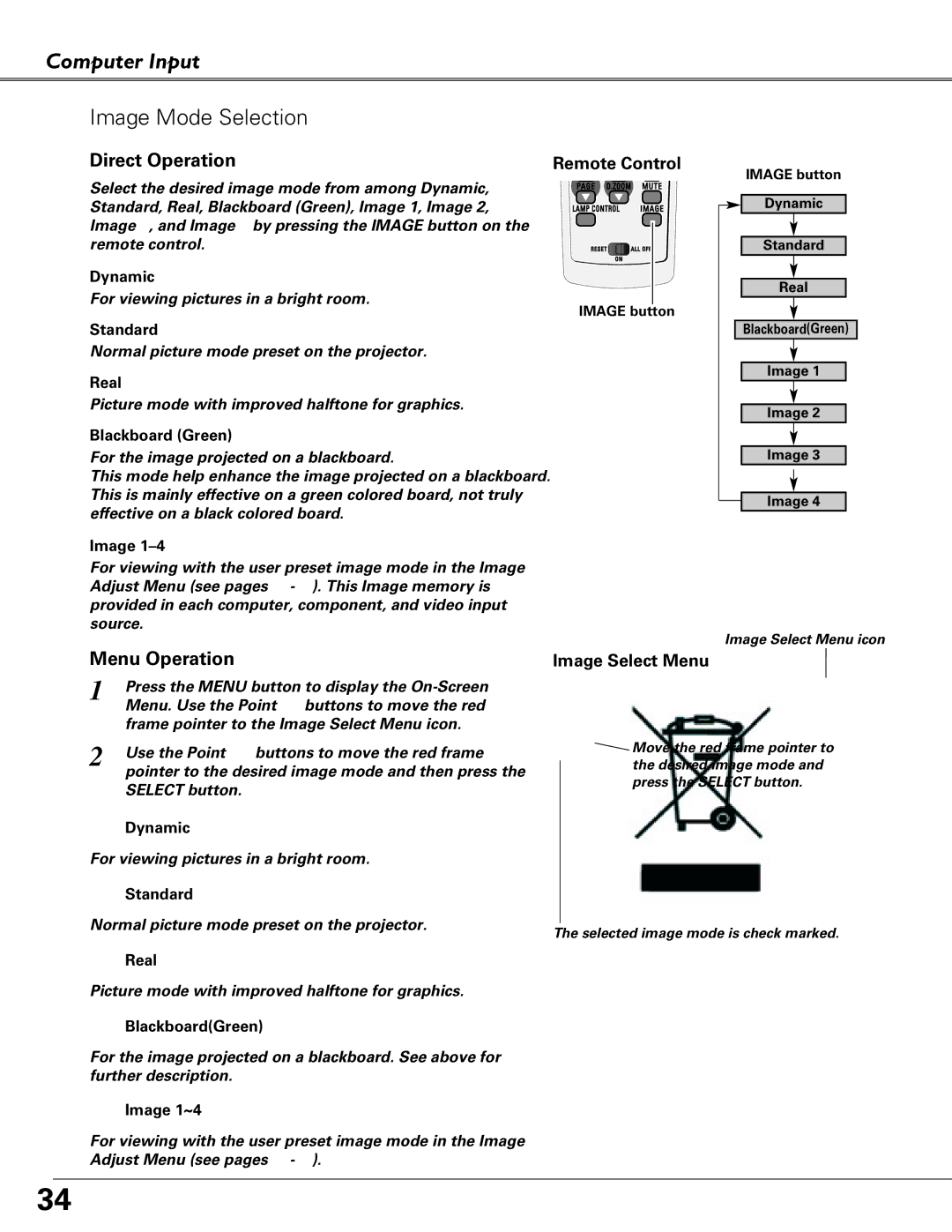 Sanyo PLC-XU87, PLC-XU84 owner manual Computer Input Image Mode Selection 