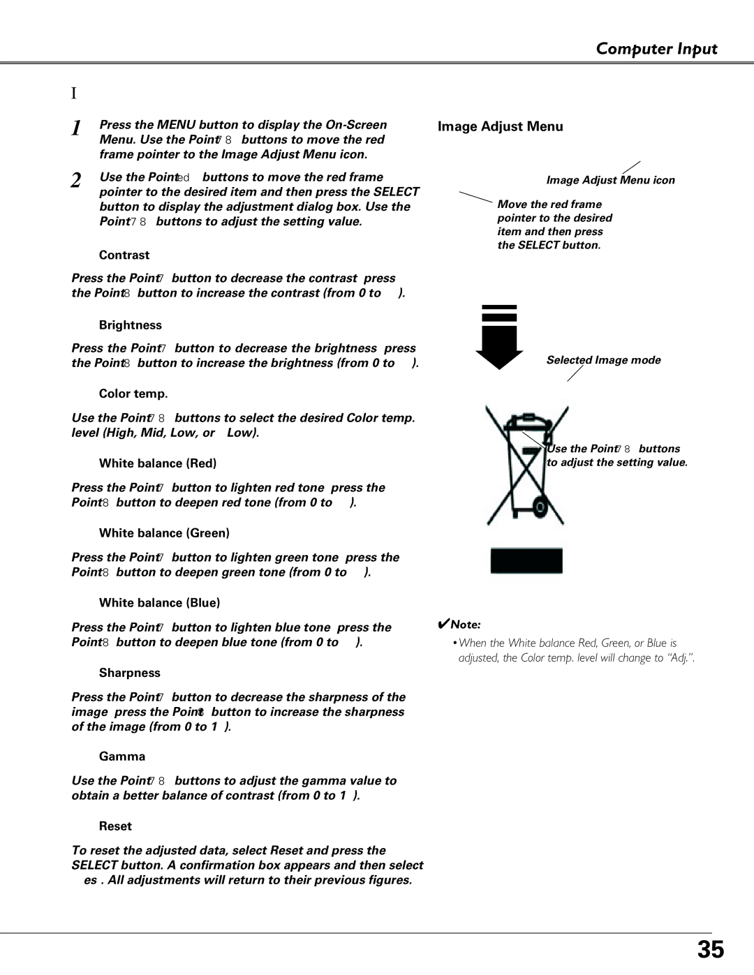 Sanyo PLC-XU84, PLC-XU87 owner manual Computer Input Image Adjustment 