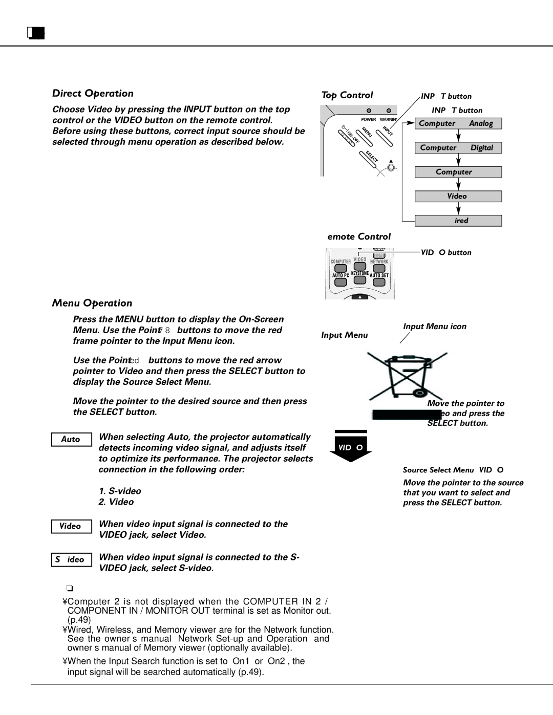 Sanyo PLC-XU87, PLC-XU84 owner manual Video Input, Input Source Selection Video, S-video, Auto, Input Menu 