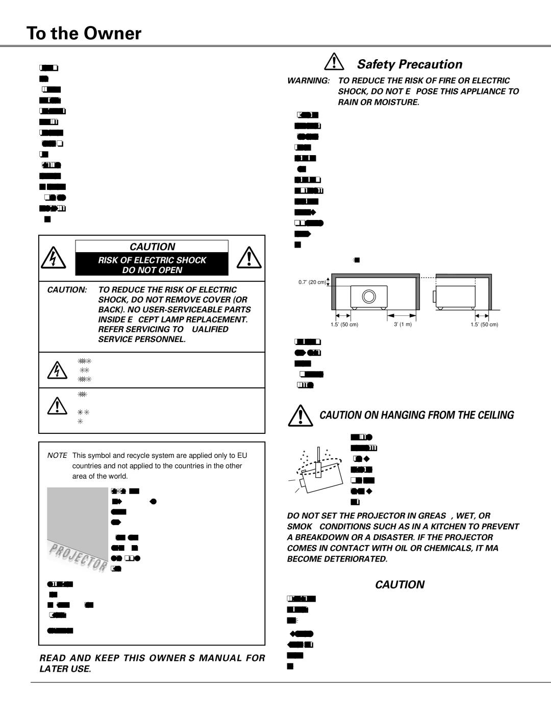 Sanyo PLC-XU87, PLC-XU84 owner manual To the Owner, Risk of Electric Shock Do not Open 