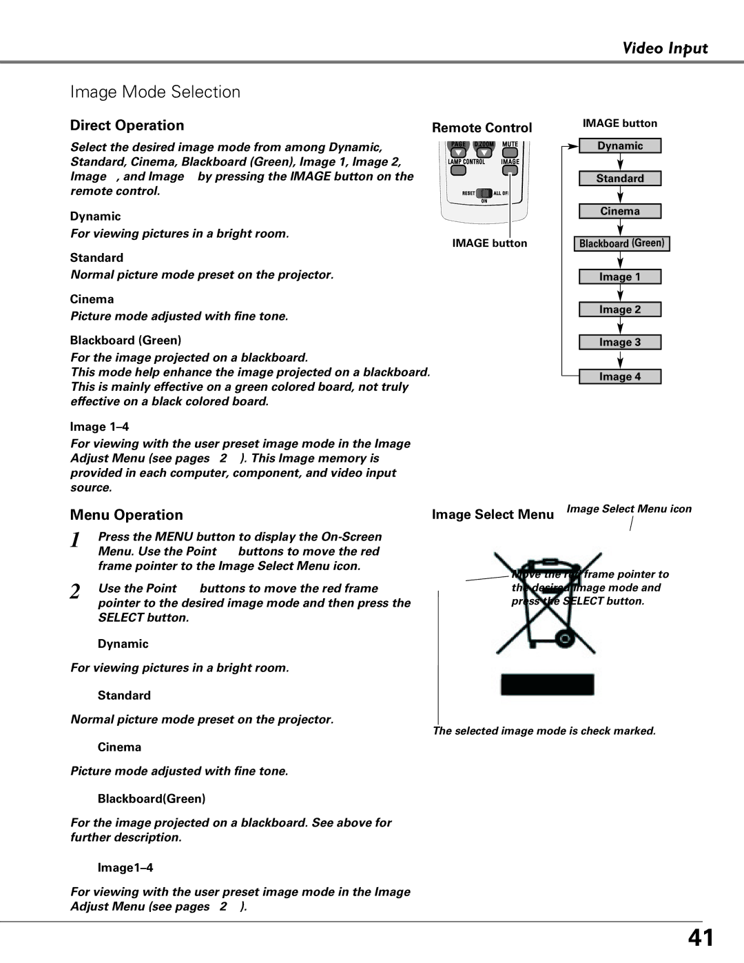 Sanyo PLC-XU84, PLC-XU87 owner manual Video Input Image Mode Selection, Cinema, Image1-4 