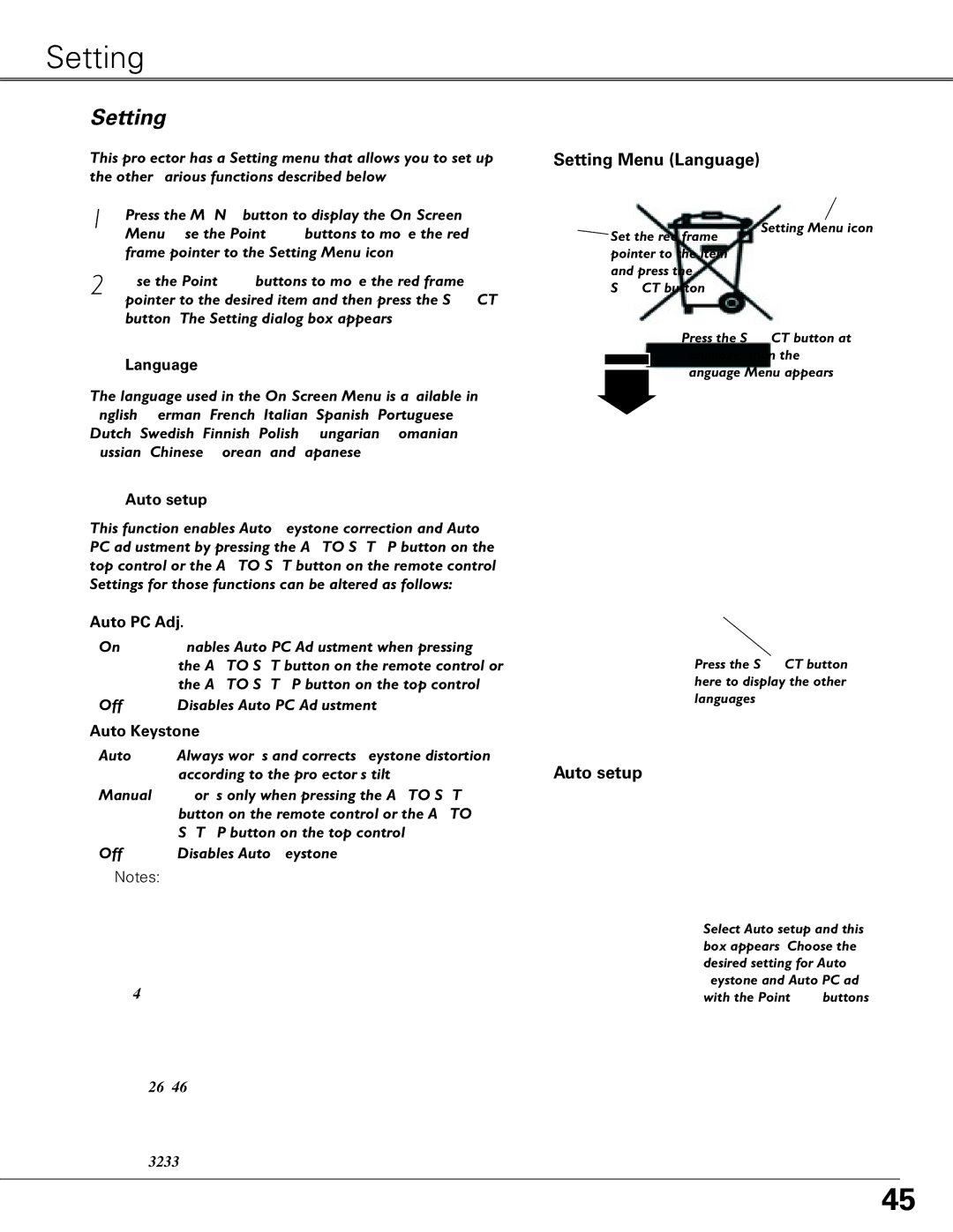 Sanyo PLC-XU84, PLC-XU87 owner manual Setting Menu Language, Auto setup 