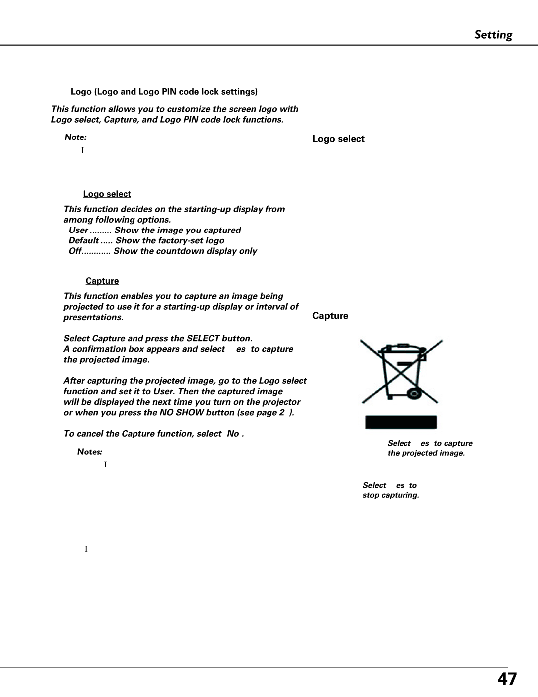 Sanyo PLC-XU84, PLC-XU87 owner manual Logo select Capture, Logo Logo and Logo PIN code lock settings 