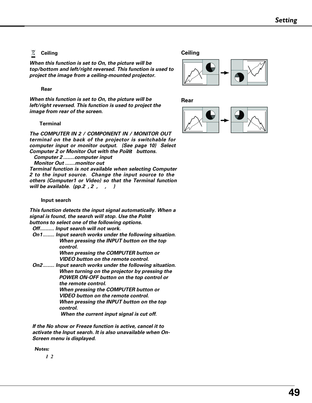 Sanyo PLC-XU84, PLC-XU87 owner manual Ceiling, Rear, Terminal, Input search 