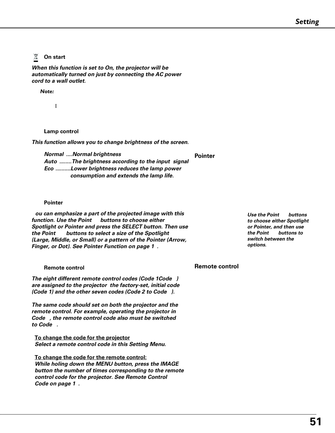 Sanyo PLC-XU84, PLC-XU87 owner manual Pointer, On start, Lamp control, To change the code for the projector 