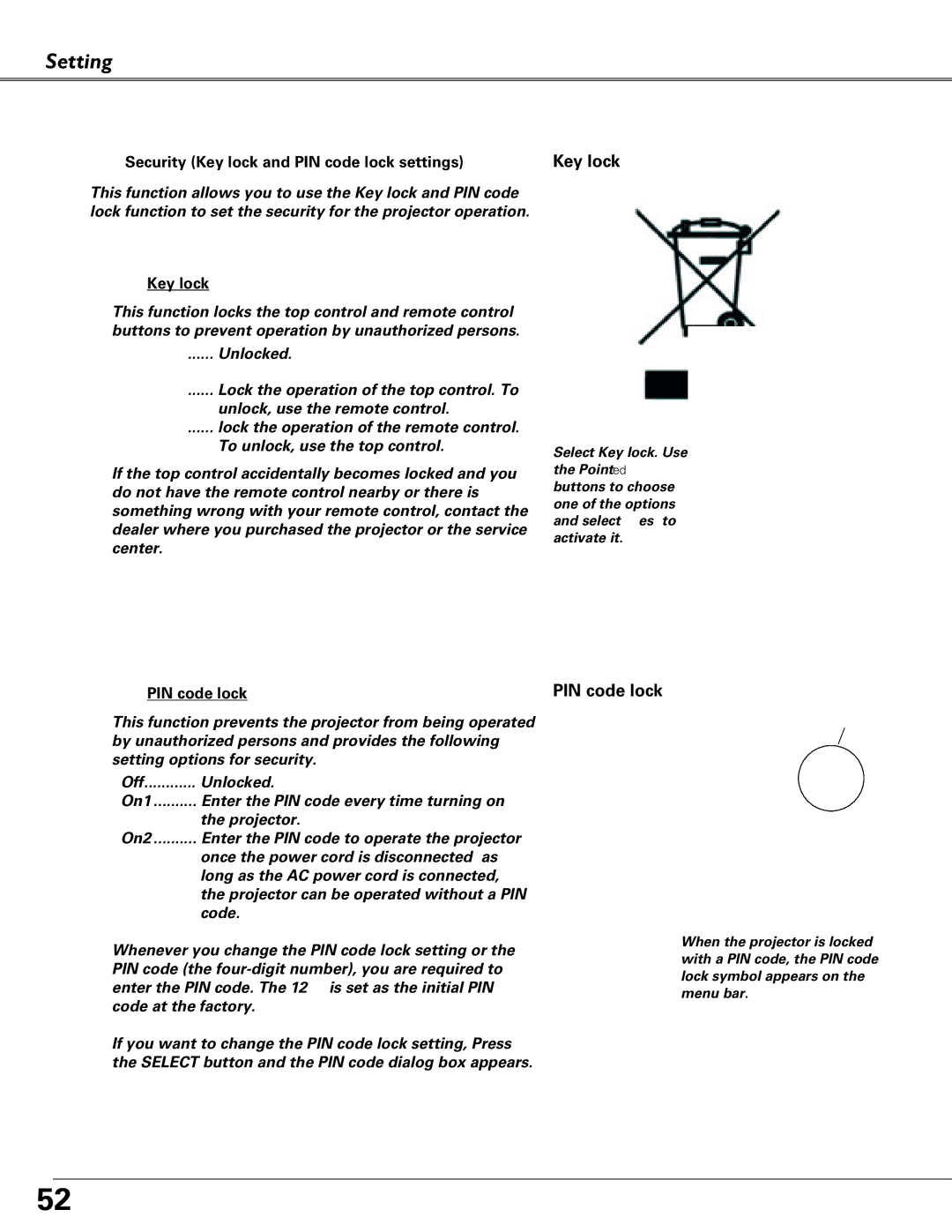 Sanyo PLC-XU87, PLC-XU84 owner manual Security Key lock and PIN code lock settings 