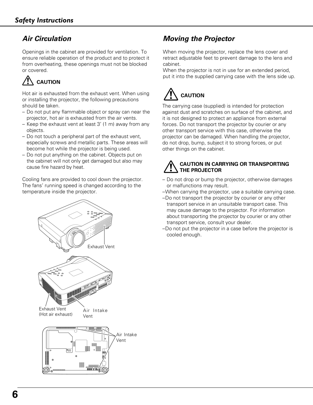 Sanyo PLC-XU87, PLC-XU84 owner manual Safety Instructions Air Circulation, Moving the Projector 