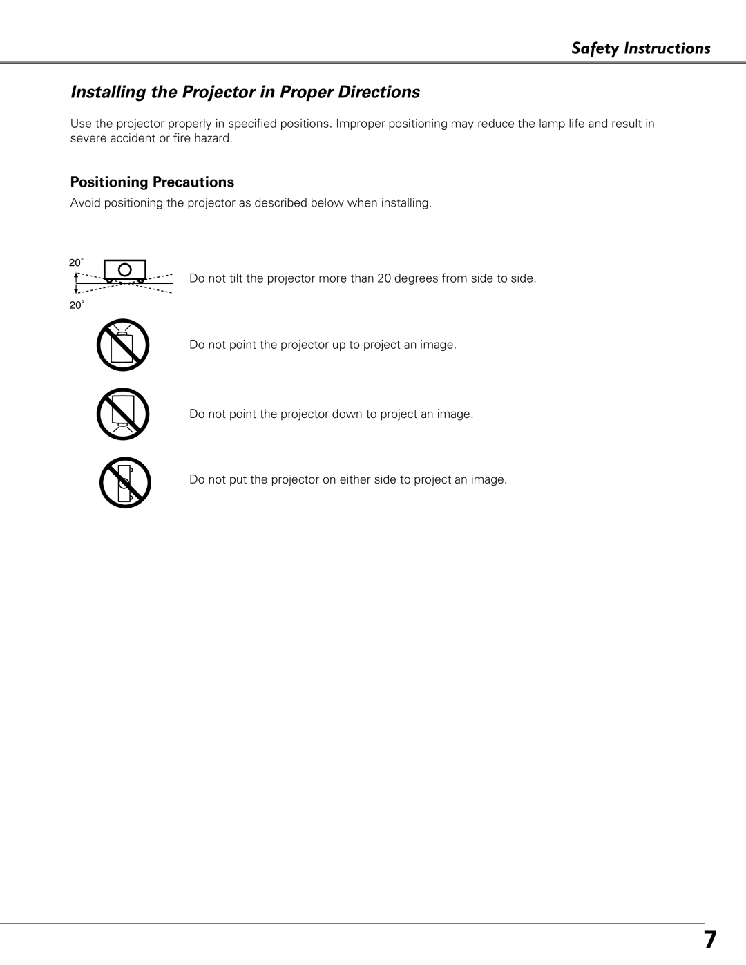 Sanyo PLC-XU84, PLC-XU87 owner manual Positioning Precautions 