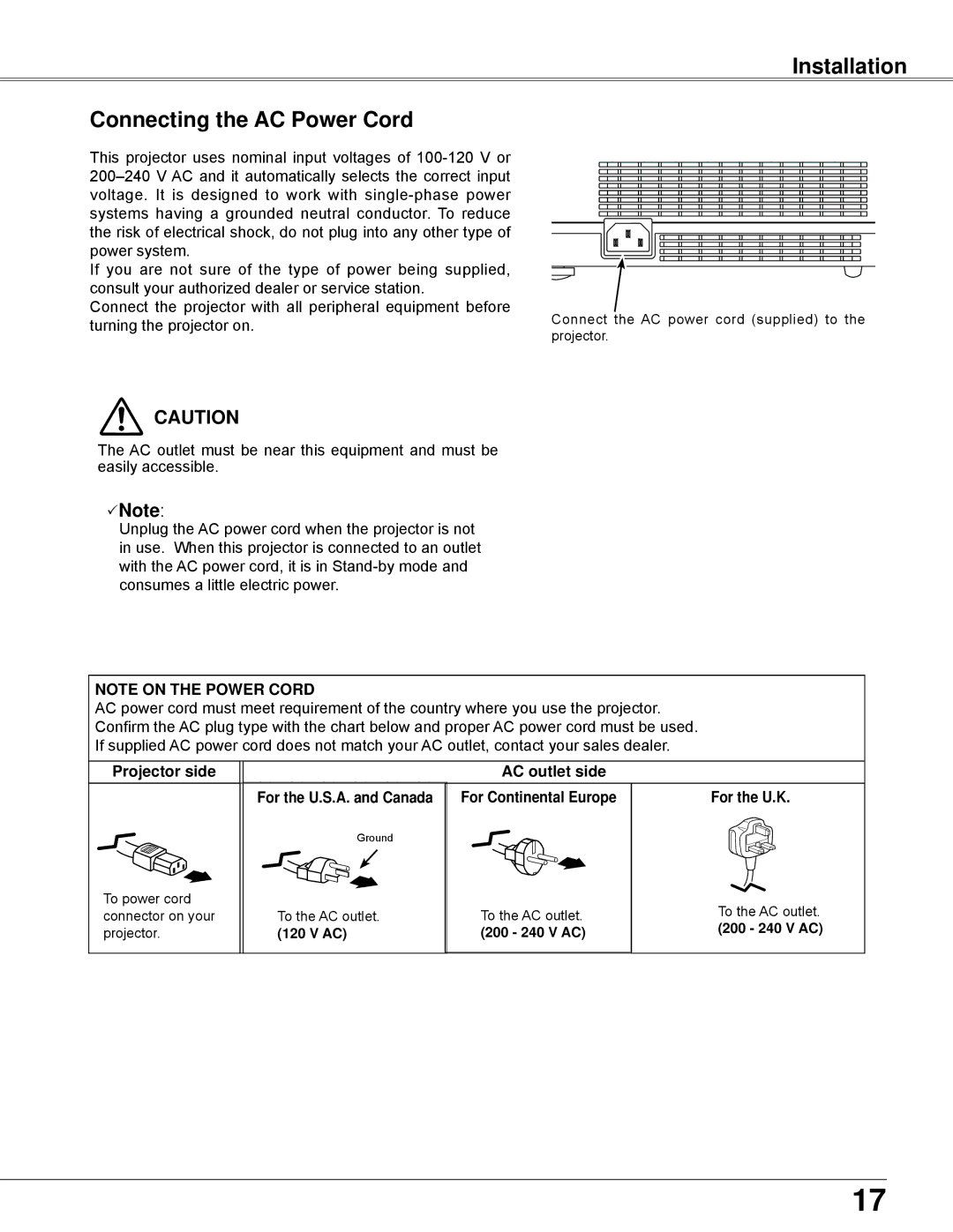 Sanyo PLC-XW250K, PLC-XW200K owner manual Installation Connecting the AC Power Cord, Note, Projector side AC outlet side 