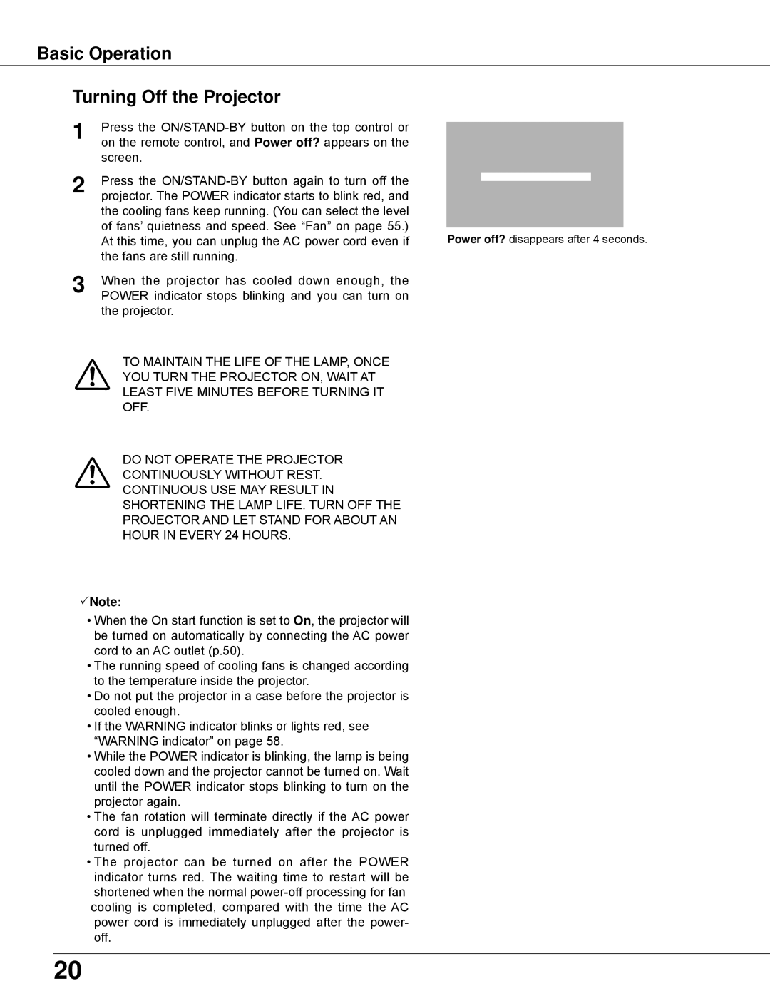 Sanyo PLC-XW200K, PLC-XW250K owner manual Basic Operation Turning Off the Projector 