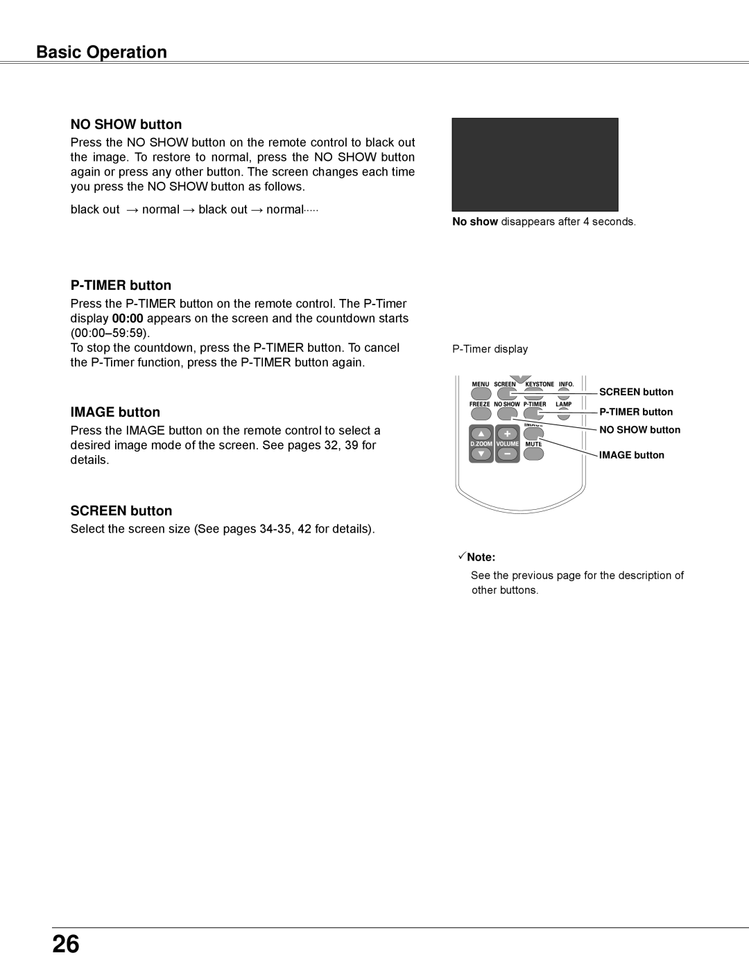 Sanyo PLC-XW200K, PLC-XW250K owner manual No Show button, Timer button, Image button, Screen button 