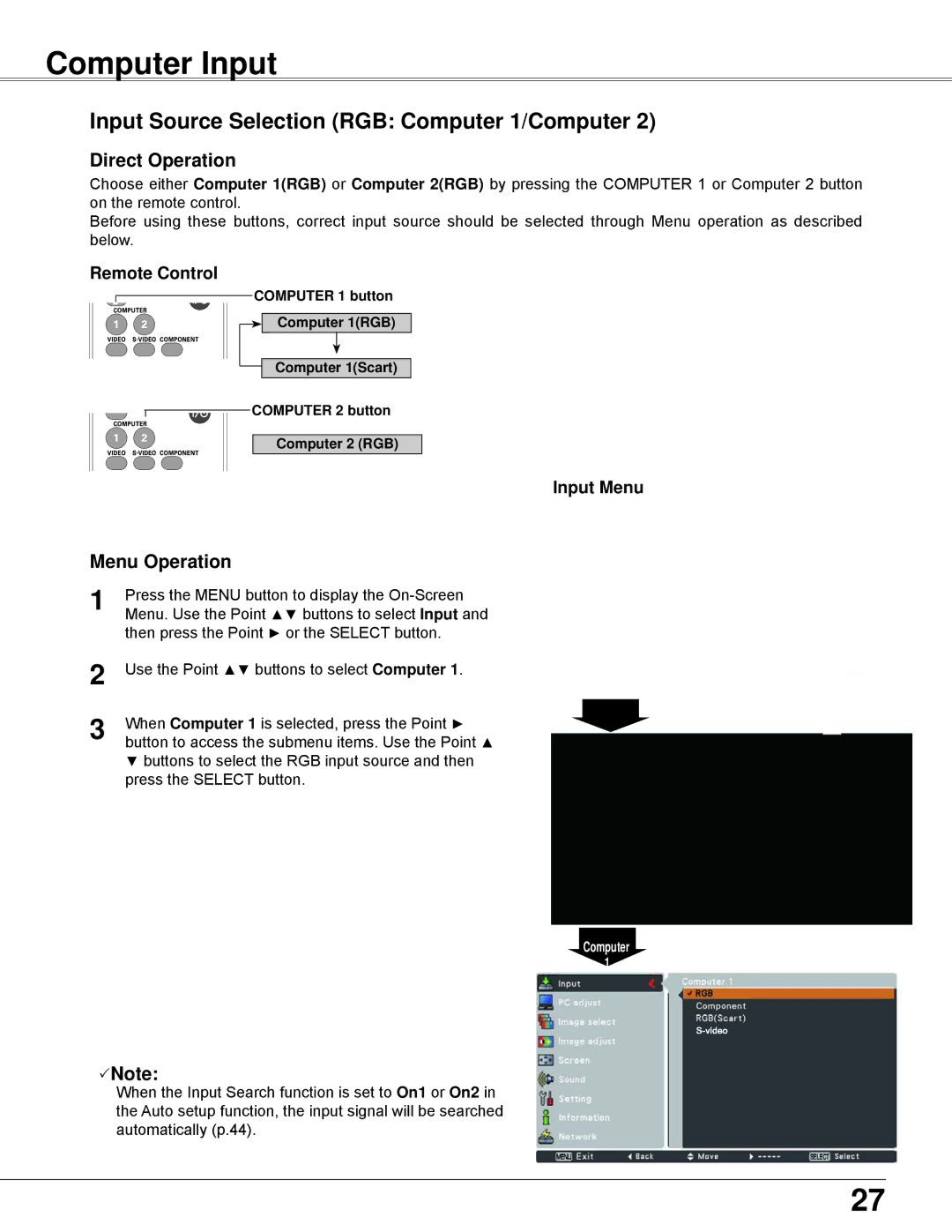 Sanyo PLC-XW250K, PLC-XW200K owner manual Computer Input, Input Source Selection RGB Computer 1/Computer, Input Menu 