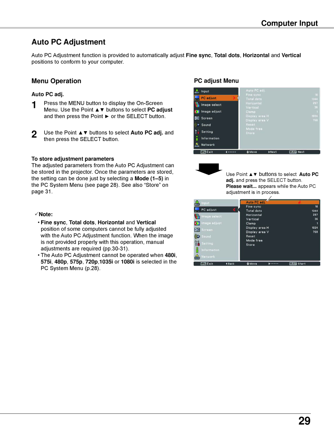 Sanyo PLC-XW250K Computer Input Auto PC Adjustment, PC adjust Menu, Auto PC adj, To store adjustment parameters 