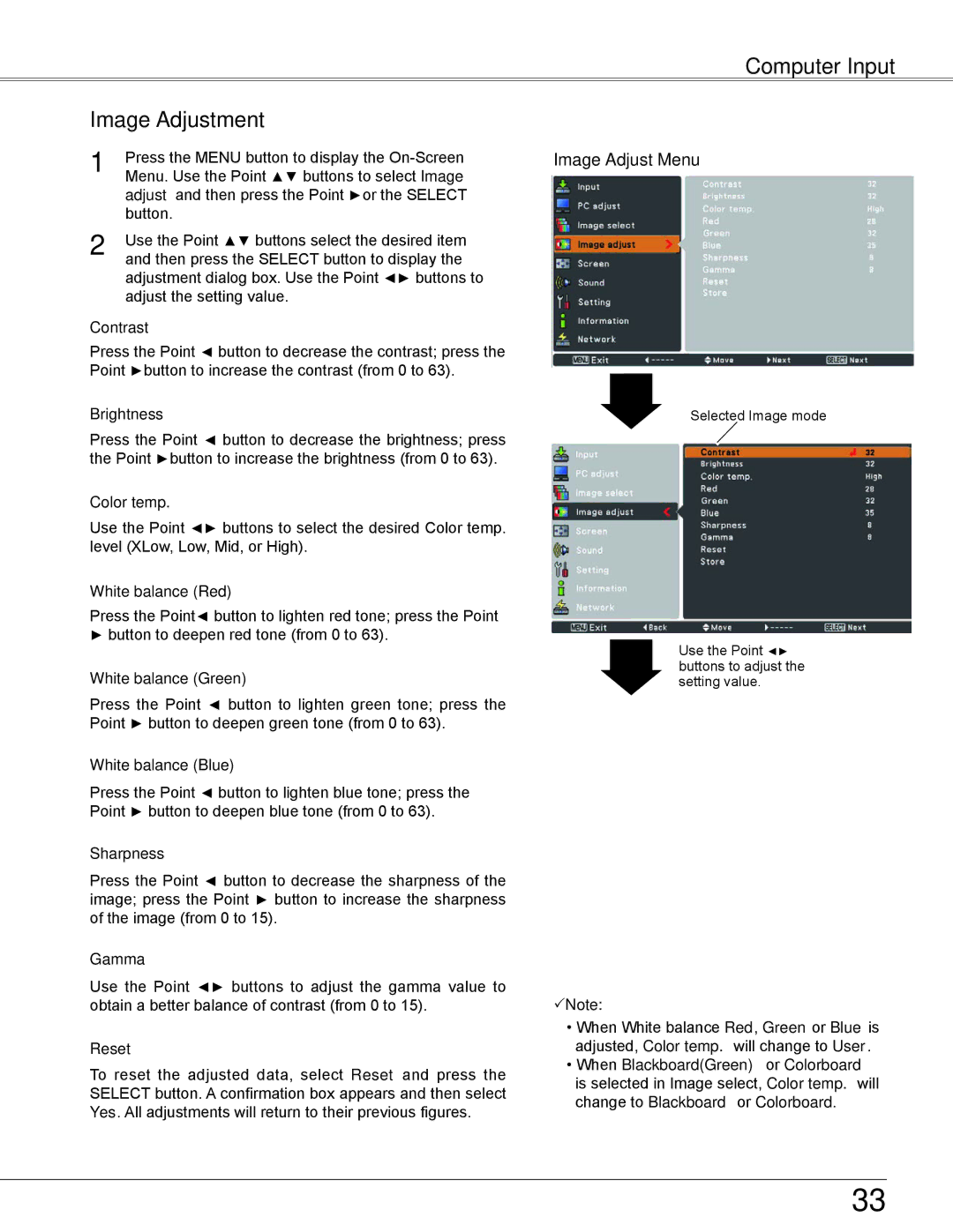 Sanyo PLC-XW250K, PLC-XW200K owner manual Computer Input Image Adjustment, Image Adjust Menu 