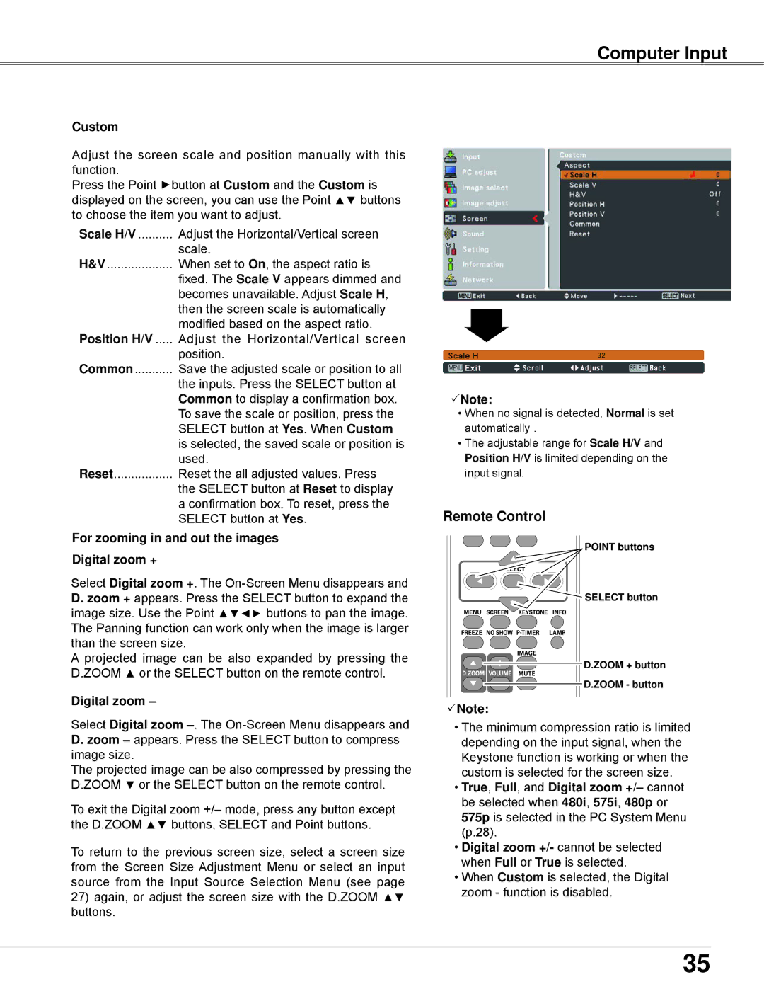 Sanyo PLC-XW250K, PLC-XW200K owner manual Custom, Position H/V, For zooming in and out the images Digital zoom + 