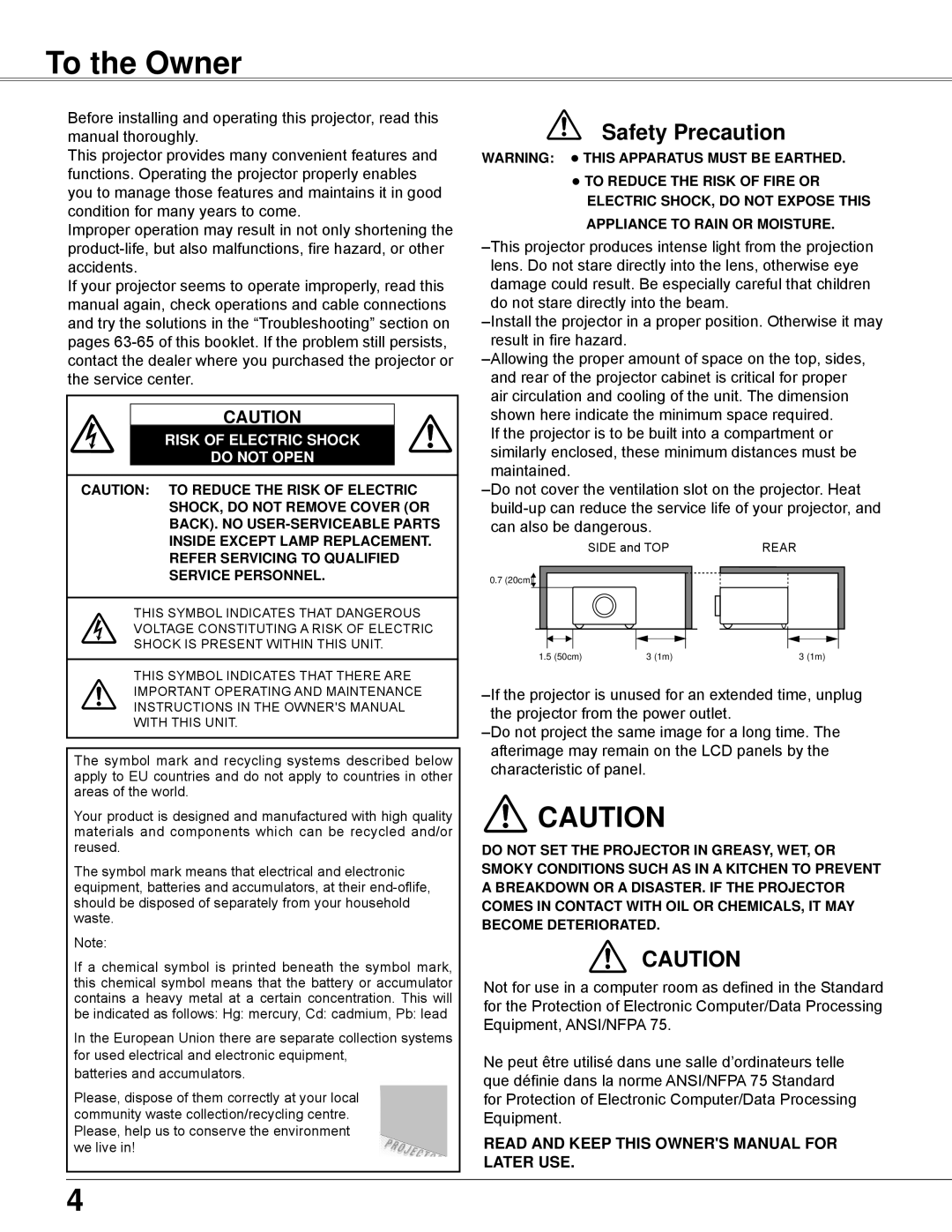 Sanyo PLC-XW200K, PLC-XW250K owner manual To the Owner, Safety Precaution 