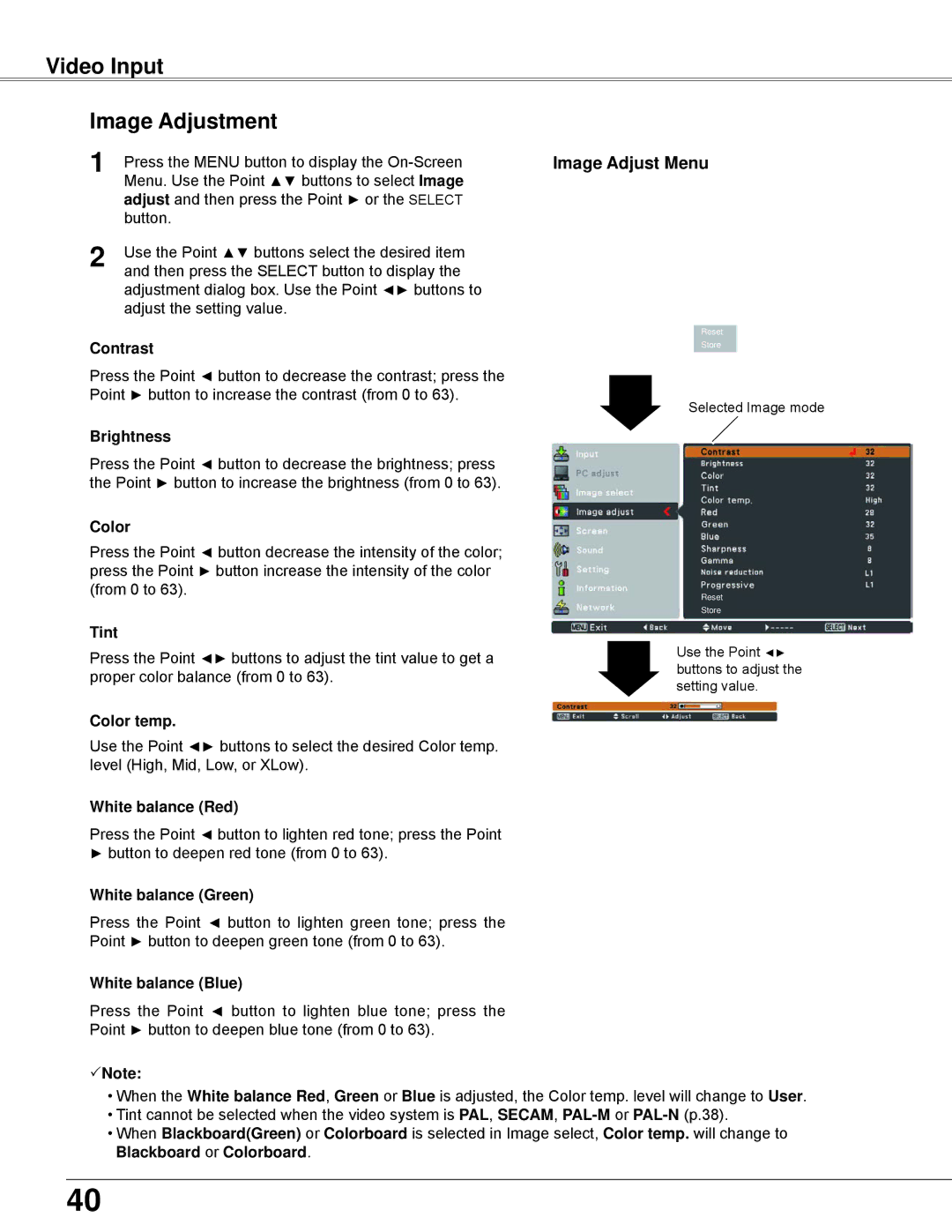 Sanyo PLC-XW200K, PLC-XW250K owner manual Video Input Image Adjustment, Tint, Blackboard or Colorboard 