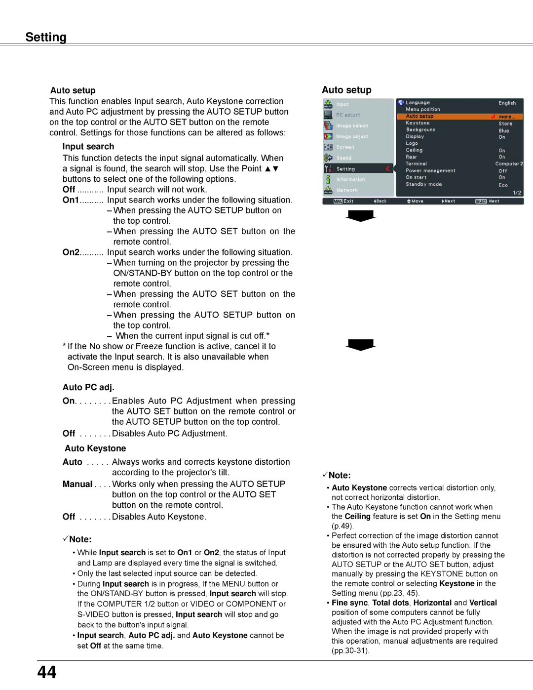 Sanyo PLC-XW200K, PLC-XW250K owner manual Auto setup, Input search, Auto Keystone 