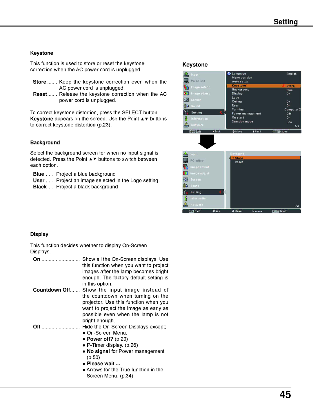 Sanyo PLC-XW250K, PLC-XW200K Keystone, Background, User, Black, Display, Countdown Off, Power off? p.20, Please wait 