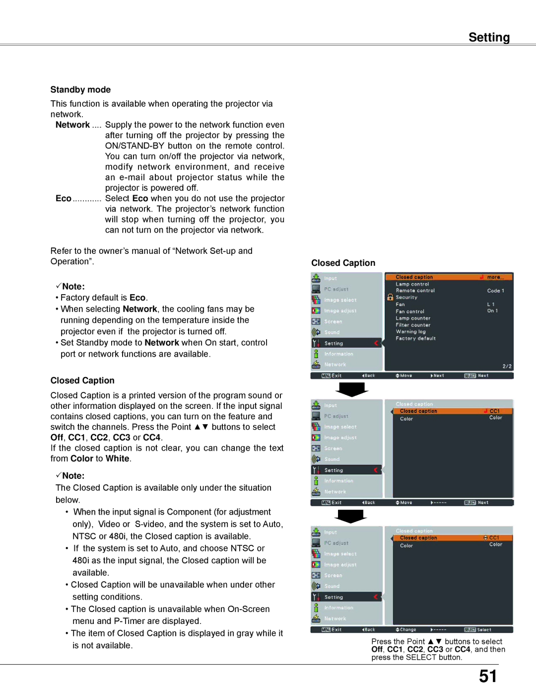 Sanyo PLC-XW250K, PLC-XW200K owner manual Standby mode, Closed Caption 