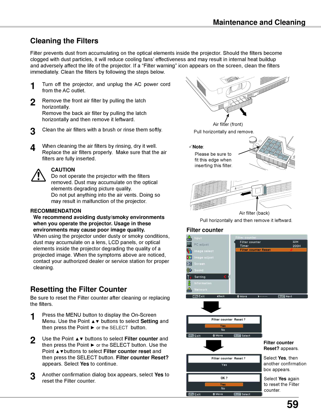 Sanyo PLC-XW250K, PLC-XW200K owner manual Maintenance and Cleaning Cleaning the Filters, Resetting the Filter Counter 