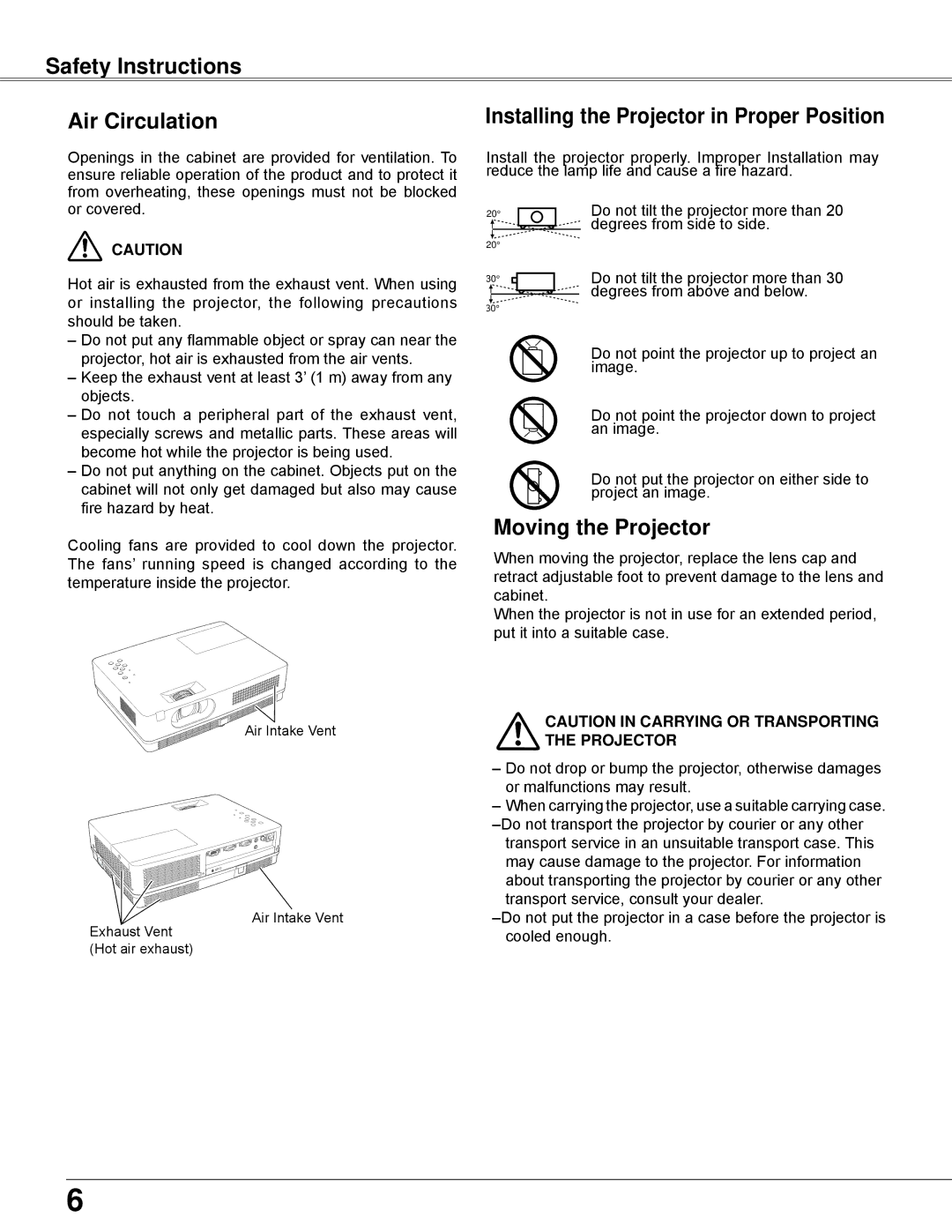 Sanyo PLC-XW200K Safety Instructions Air Circulation, Installing the Projector in Proper Position, Moving the Projector 