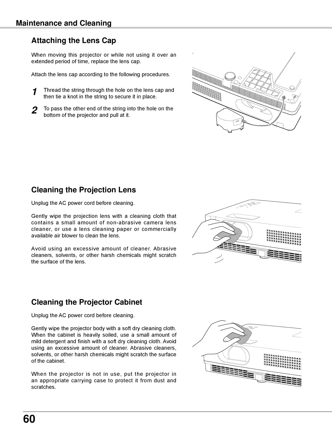 Sanyo PLC-XW200K, PLC-XW250K owner manual Maintenance and Cleaning Attaching the Lens Cap, Cleaning the Projection Lens 