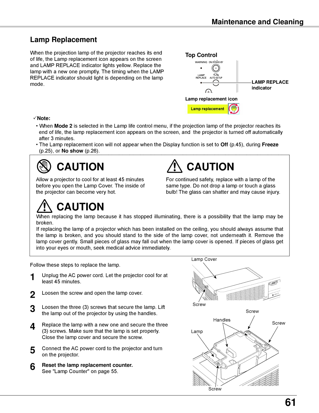 Sanyo PLC-XW250K, PLC-XW200K owner manual Maintenance and Cleaning Lamp Replacement, Reset the lamp replacement counter 