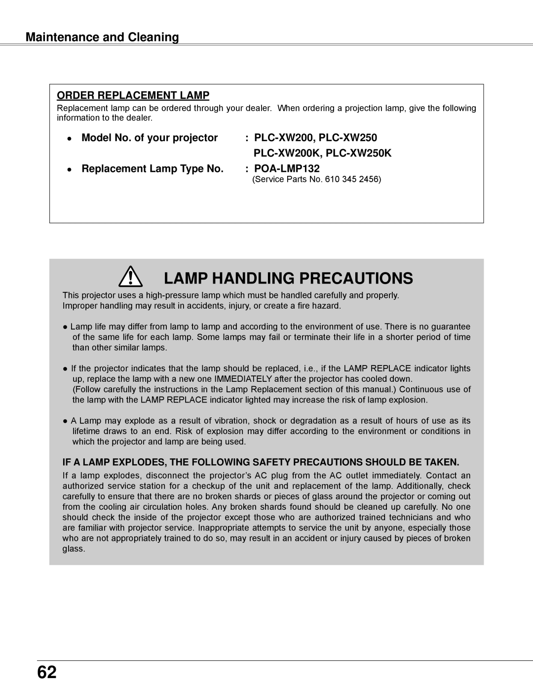 Sanyo owner manual Maintenance and Cleaning, Model No.. of your projector PLC-XW200, PLC-XW250, PLC-XW200K, PLC-XW250K 