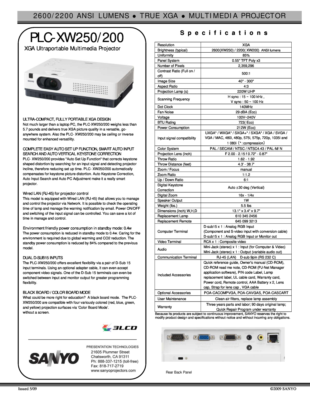 Sanyo specifications PLC-XW250/200, S p e c i f i c a t i o n s, XGA Ultraportable Multimedia Projector 