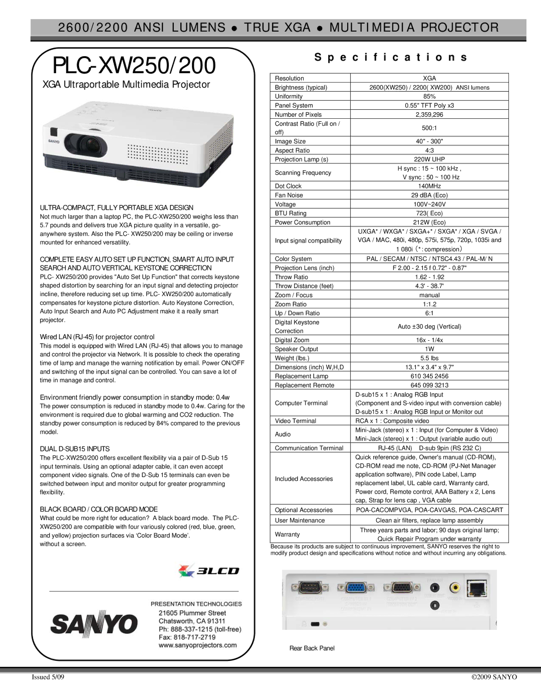 Sanyo PLC-XW250 specifications ULTRA-COMPACT, Fully Portable XGA Design, Dual D-SUB15 Inputs 