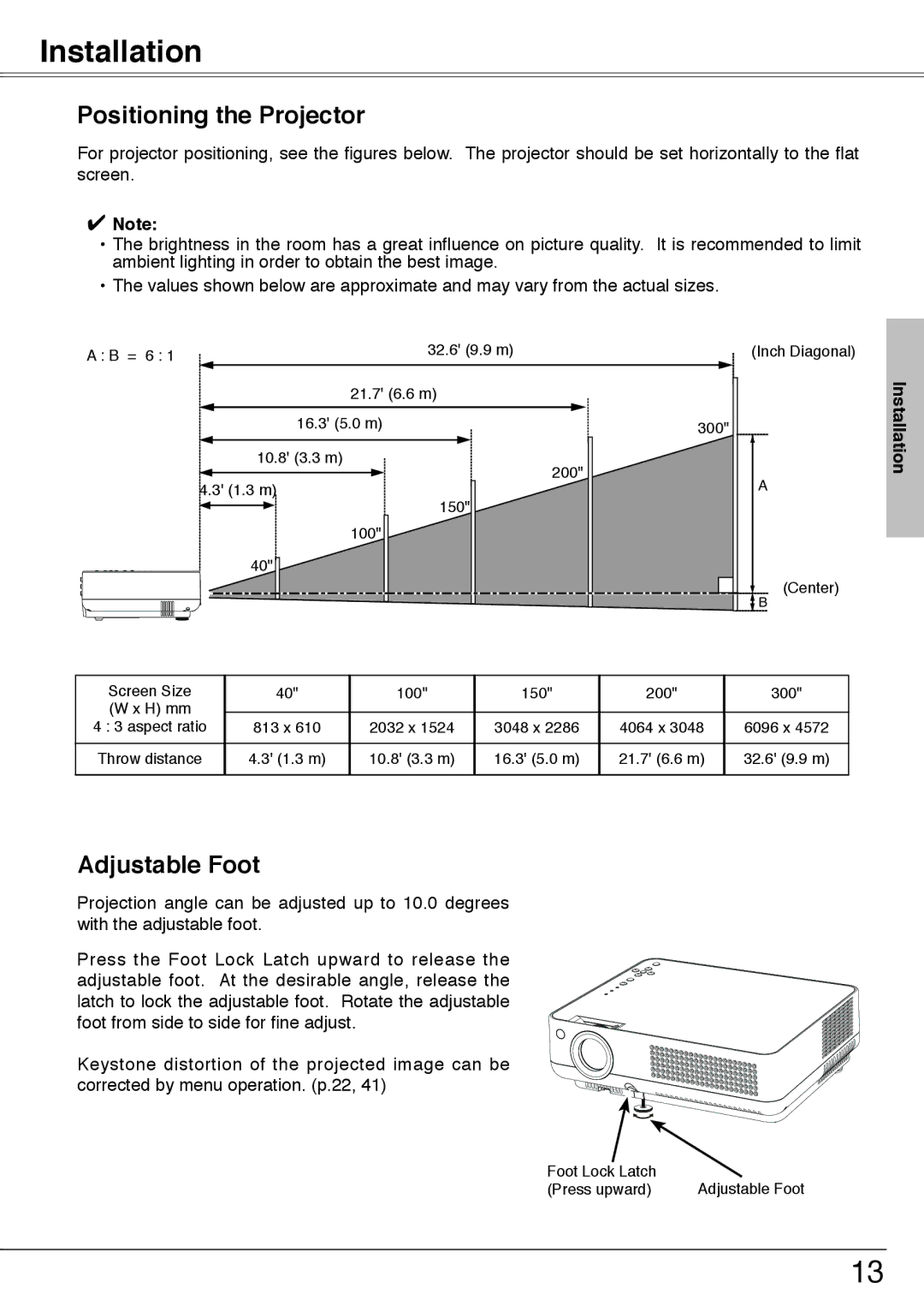 Sanyo PLC-XW55, PLC-XW50 owner manual Installation, Positioning the Projector, Adjustable Foot 