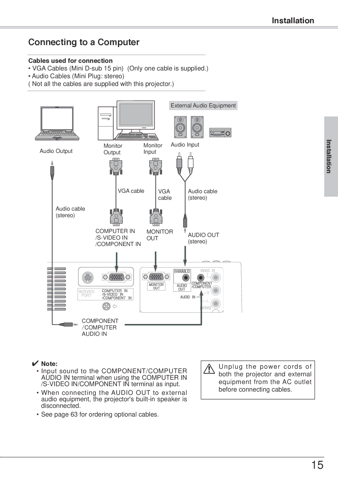 Sanyo PLC-XW55, PLC-XW50 owner manual Connecting to a Computer, Cables used for connection, Installation 