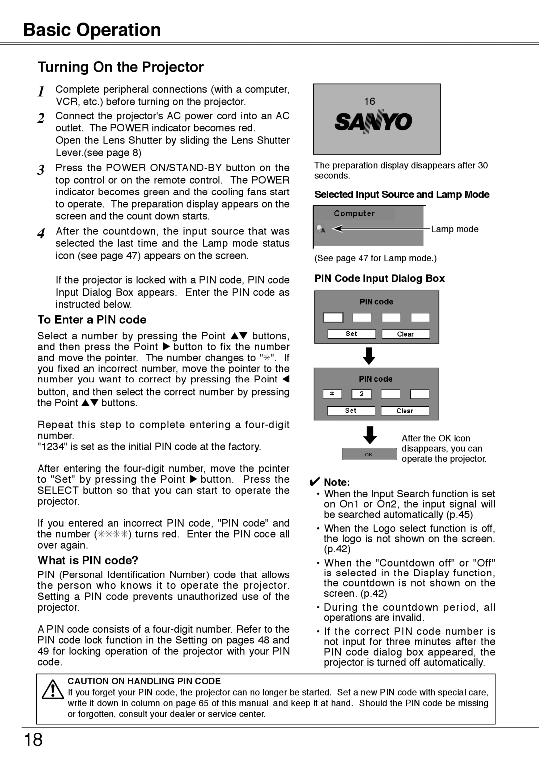 Sanyo PLC-XW50 Basic Operation, Turning On the Projector, Selected Input Source and Lamp Mode, PIN Code Input Dialog Box 