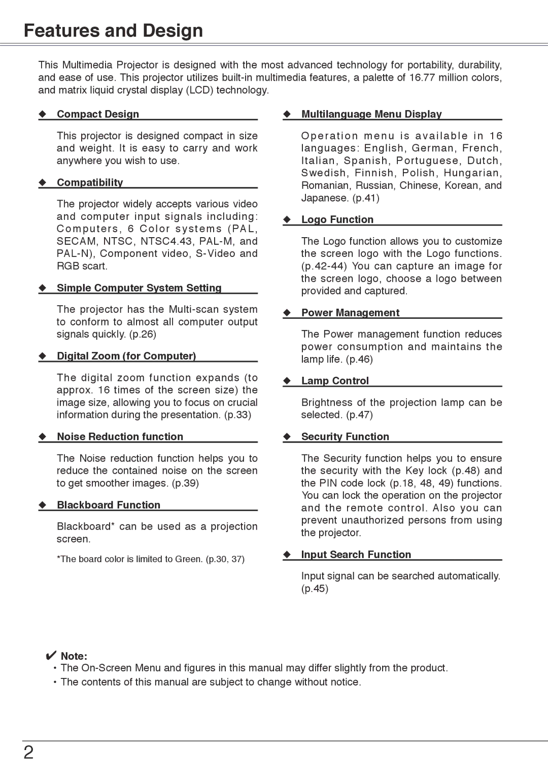 Sanyo PLC-XW50, PLC-XW55 owner manual Features and Design 