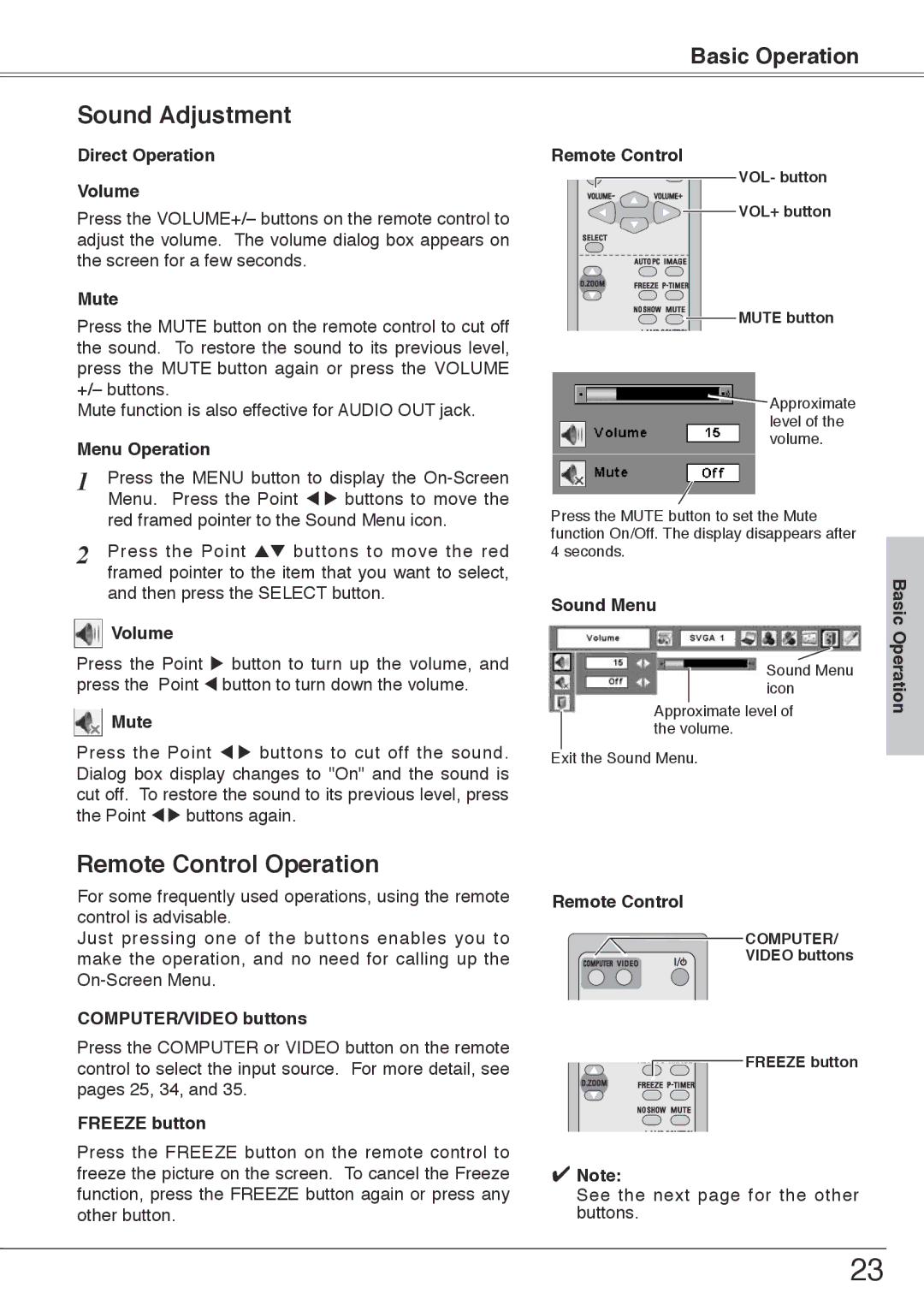 Sanyo PLC-XW55, PLC-XW50 owner manual Sound Adjustment, Remote Control Operation 